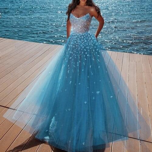 Blue prom dresses 2020 crystal beading sequins sparkly a line tulle evening dresses formal dresses arabic party dresses
