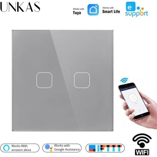 UNKAS Tuya/Smart Life/ewelink 4 Colors EU Standard 1/2 Gang 1 Way WiFi Wall Light Touch Switch for Google Home Amazon Alexa