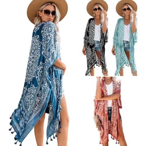 Seaside Kimono Blouses Women 2021 Summer Long Shirt Tops Ladies Shirts Beach Cardigan Holiday Printed Tassel Blouse Plus Size