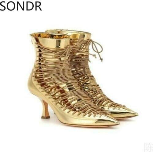 Womens Pointed Toe Pearls Chain Ankle Boots Stilettos High Heel Shoes Match Colors Stretchy Luxury New 2022