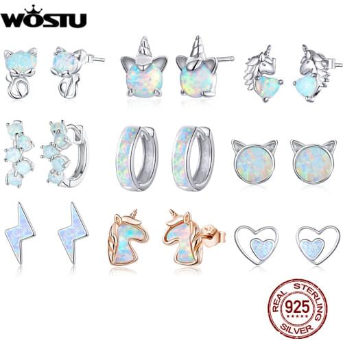 WOSTU 925 Sterling Silver Opal Stud Earrings Cat Unicorn Heart Blue Opal Earrings For Women Original Silver 925 Jewelry