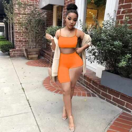 Sexy Fitness 2 Piece Matching Sets Summer Clothes for Women Spaghetti Strap Crop Top+asymmetry Biker Shorts Night Club Outfits