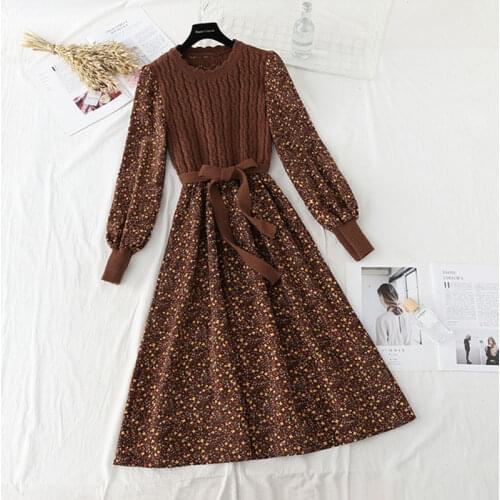 Women Korean Knitted Dress Casual O Neck Puff Sleeve Bow Drawstring Patchwork A Line Dress Autumn Print Floral Dress