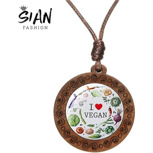 SIAN Vegan Healthy Diet Wooden Made Necklace I Love Vegetable Glass Dome Pendant Fashion Vegetarian Symbol Jewelry for Women Men