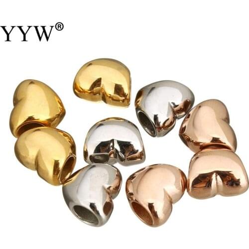 5pcs new fashion stainless steel heart beads for jewelry making bracelet diy charms big hole spacer loose beads gold/rose gold