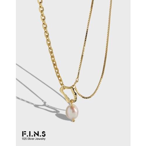 F.I.N.S Korean Original Design Irregular Natural Baroque Pearl S925 Sterling Silver Necklace Unique Asymmetric Link Box Chain