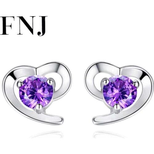 FNJ Heart Earrings 925 Silver Jewelry Original Pure S925 Sterling Silver Stud Earring for Women White Purple Zircon Stone