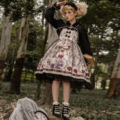 Gothic Lolita Kawaii Dress Rabbit Print Cosplay Costume Women Cute Lace Bow Retro Strap Lolita Dark JSK Dresses Tea Party Skirt