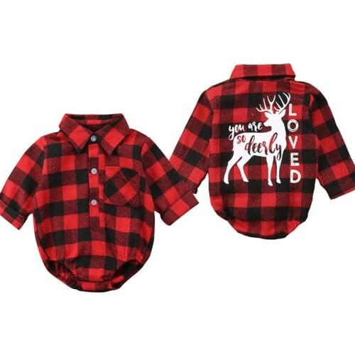 Babys Clothes Plaid Romper Toddler Kids Boys Girls Jumpsuit Christmas Deer Printed Shirt Bodysuit 0-18M Childrens Clothing