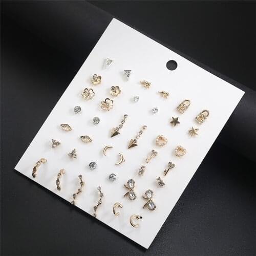 21 Pairs Fashion Rhinestones Lovely Stud Earrings Set Classic Summer Boho Gold Heart Star Alloy Earring For Women