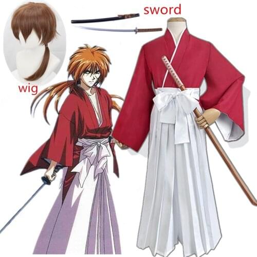 Anime Cosplay Costume HIMURA KENSHIN Kimono Halloween Party Fancy Samurai Kendo Clothing Set Top Pants Belt +wigs +sword