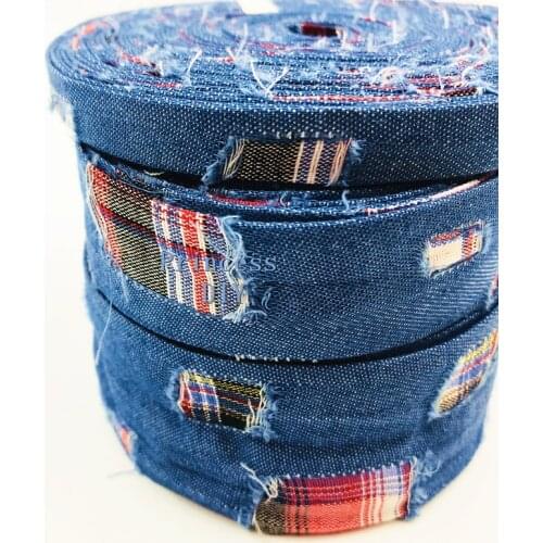 5Yards/Lot 10mm 25mm 40mm Scottish Plaid Check Hole Ribbon Demin Jeans Cowboy Riband Bias Cord DIY Chocker Hair Bows Hand Craft