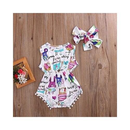 Summer Sweet Infant Baby Girl Romper Headband Painting Jumpsuit Outfit Sunsuit Girls Tassel Ball Rompers