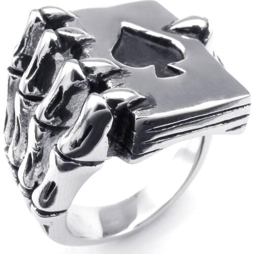 Mens Stainless Steel Ring, Gothic Skull Hand Claw Poker Playing Card, Black Silver black stainless steel rings