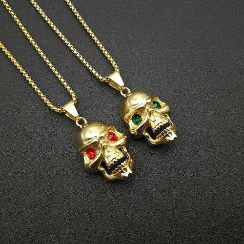 Stainless Steel Gold Red Green Evil Eyes Punk Rock Skull Pendant Necklace Jewelry Hip Hop Skeleton Necklaces with Chain Gifts