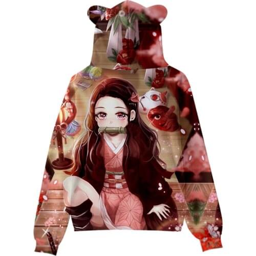 New Kimetsu no Yaiba Hoodie Cartoon Image Hooded Cat Ear Jacket Girl Cute Kawaii Pullover Sweatshirt Demon Slayer 3D Hoodies Top