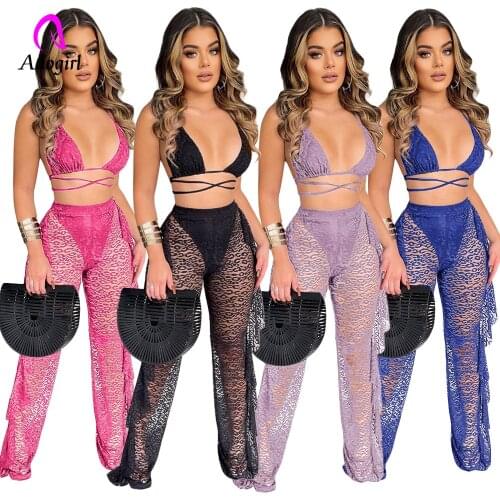 Solid Lace Hollow Out Summer Beach 2 Piece Set with Panties Women Sexy V Neck Bra Halter Crop Top Ruffle Wide Leg Pants Clubwear