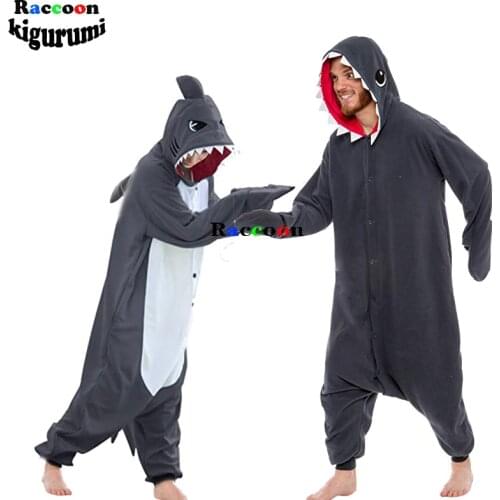 Ferocious Shark Pajamas Cartoon One-Piece Pijama Women Men Suit Onesies For Adults Fleece Couple Raccoon Kigurumi