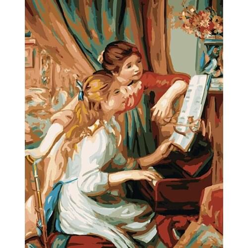 2016 New Coloring By Numbers wall flower picture Digital Oil Painting On Canvas Painting By Numbers 40*50 Sisters & piano DY526