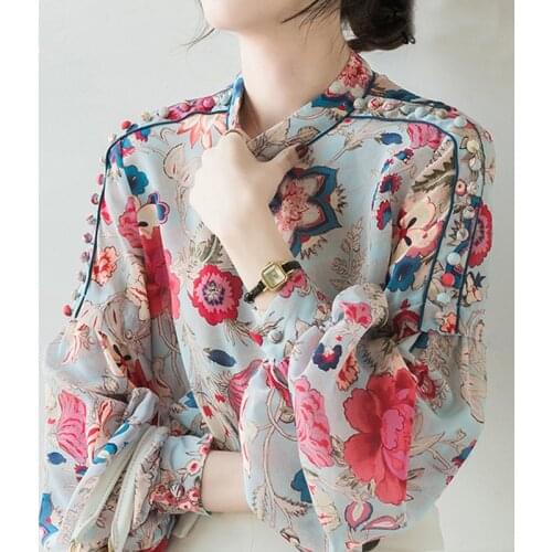 Women Shirts Spring Summer New Floral Print Vintage Long Lantern Sleeved Stand Neck Maxi Elegant Nice Shirts Blouses NS709