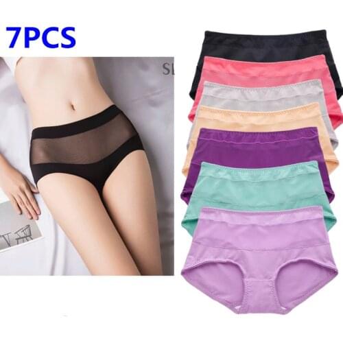 7PCS Womens underwear sexy lace Transparent pure cotton middle waist female panties ladies lingerie High Quality Large size