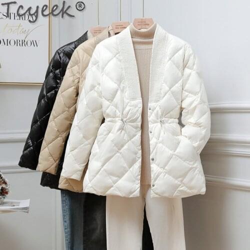 Tcyeek 2021 autumn white duck down coats womens Light Parkas Femme Jackets with V-Neck Korean Casual Coat Chaqueta Mujer SQQ474