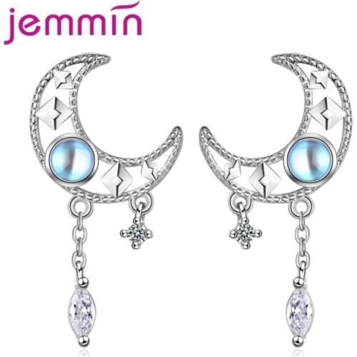 Elegant 925 Sterling Silver Drop Earring Chain Micro Zircon Symmetrical Star Moon Long Tassel Earrings For Women oorbellen