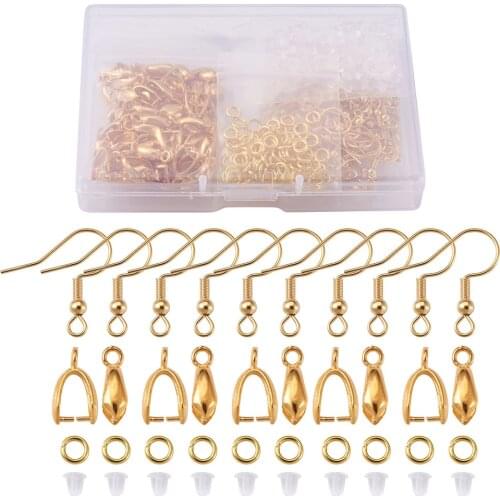 340pcs/box 304 Stainless Steel Earring Hooks with Loop Ice Pick Pinch Bails & Close but Unsoldered Jump Rings Plastic Ear Nuts