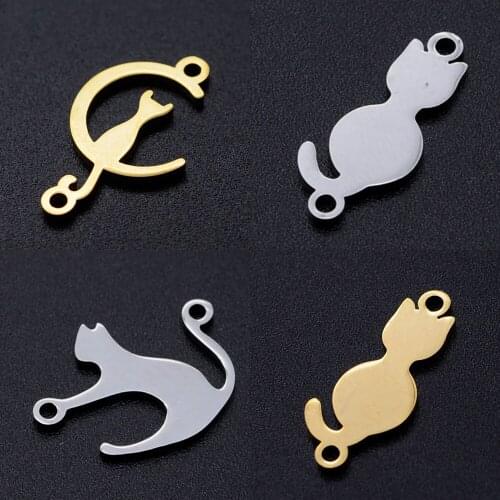 5pcs/lot Cat Kitty diy Connector Charms Wholesale 100% Stainless Steel Never Rust Custom Finding Connectors Jewelry Supplies