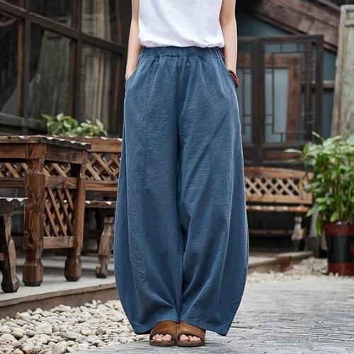 Casual Style Cotton Linen Women Pants 2020 Spring Summer New Elastic Waist Solid Color Women Vintage Wide Leg Pants