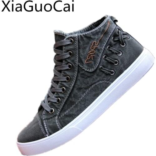 Denim Spring and Autumn Mens Casual Shoes Breathable Canvas Shoes for Male High Top Flat Shoes Soft Bottom Lace-up Man Flats