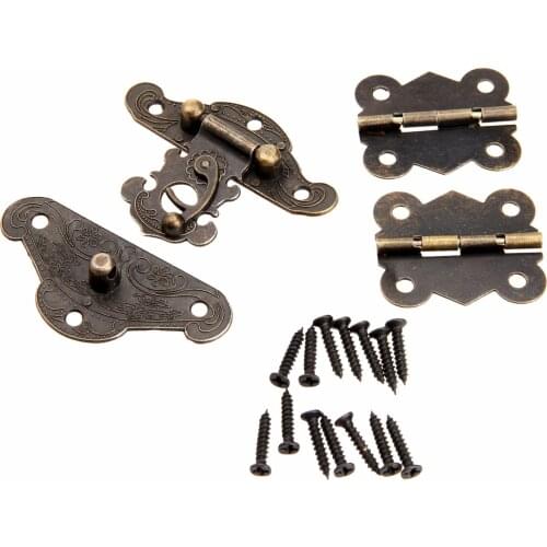 1Pc Antique Bronze Jewelry Wooden Box Lock Case Toggle Hasp Latch with 2Pcs Cabinet Hinges Iron Vintage Furniture Hardware
