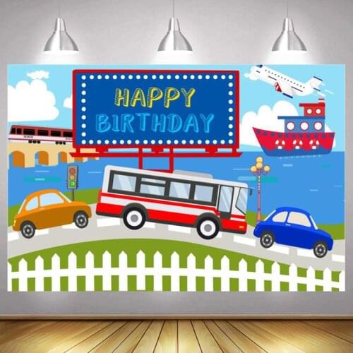 Cars Bus Photo Backdrop Ship Balloon Baby Shower Party Plane Train Boys Decoration Photography Backgrounds Kids Banner