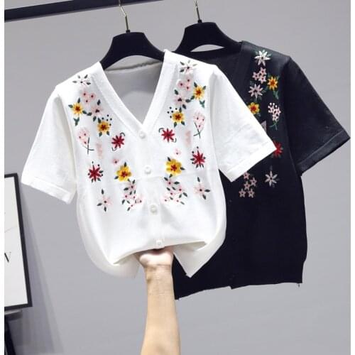 Zone D 6] 7552 ice silk embroidered short sleeve knitted cardigan 34