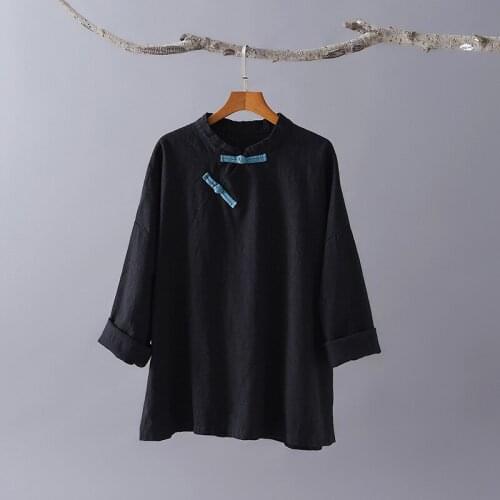 Chinese Clothing Womens T-Shirt 2021 New Autumn Cotton and Linen Hanfu Long-Sleeved Loose Retro Blouse Shirt Large Size