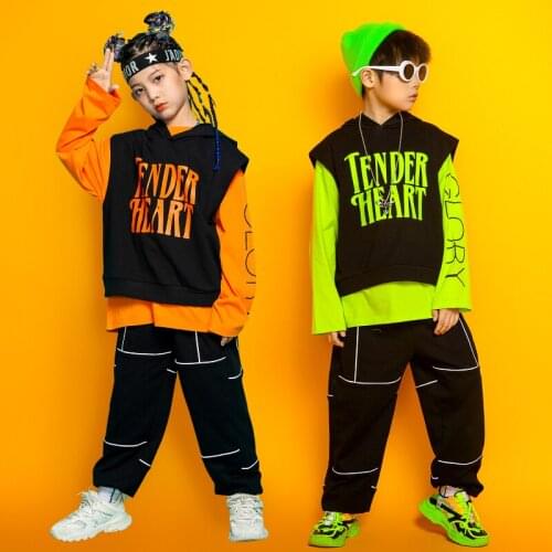 Boys Hip Hop Costume Hoodie Tops Black Hip Hop Pants For Girls Kids Street Dance Performance Clothing Jazz Stage Outfit BL5232