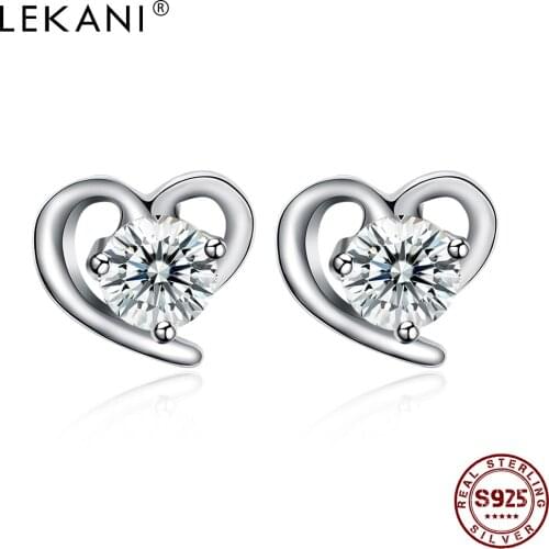 LEKANI Romantic Heart 925 Sterling Silver Stud Earrings For Women Clear Cubic Zirconia Earring Birthday Gift Fine Jewelry New