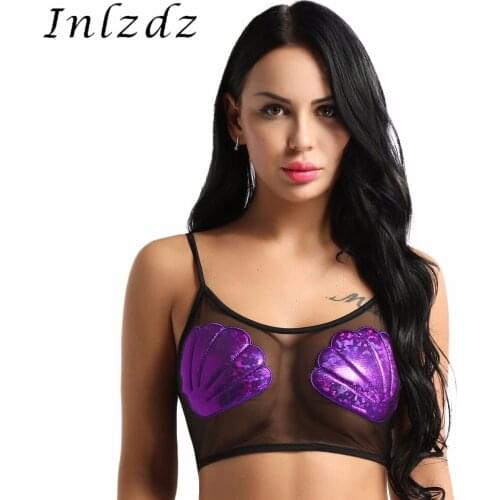 Womens Rave Tank Top for Pole Dancingg See Through Festival Costume Spaghetti Straps Sheer Mesh Mermaid Sea Shell Vest Crop Top