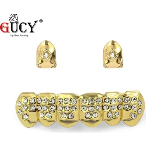 GUCY New Fit Gold Color Plated 2 Single Top Teeth Grillz Caps Shiny Stones Tooth Grills Bottom Hip Hop Grill Set For Gift