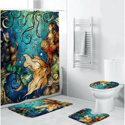 3D Beautiful Printed Mermaid Waterproof Shower Curtain And Non-slip Mat Set 4 Pieces Home Hotel Bathroom Set in Polyester