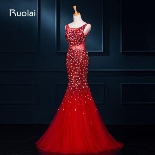 Real Photo Luxurious Heavy Beaded Crystal Sexy Open Back Mermaid Evening Dresses Scoop Tulle Formal Party Prom Dress ASAFE9