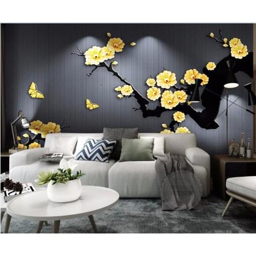 New 8d Papel Murals Plum Yellow Flower Butterfly 3d wallpaper for Living Room Background 3d Wall Photo Murals 3d Wall Sticker