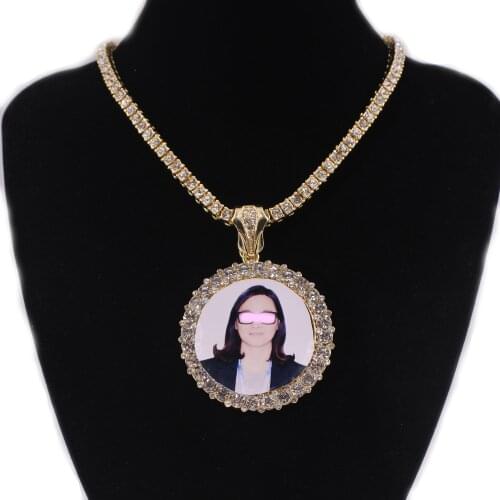 Photo memory frame pendant necklace men gold silver color hip hop 1 row tennis chain rapper iced out round crystal women jewelry