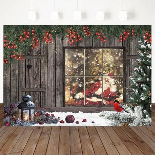 Christmas Photography Background Christmas Tree Santa Claus Wooden Window Snowfield Backdrop Child Party Banner For Photo Studio