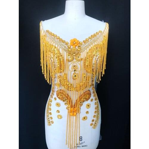 Handmade yellow Hot drilling Rhinestone lace embroidery patch applique wedding dress bordados DIY Performance clothing