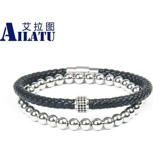 Handmade Genuine Leather Sets Bracelet for Men Stainless Steel Silver Color Beads Bangle Set Jewelry
