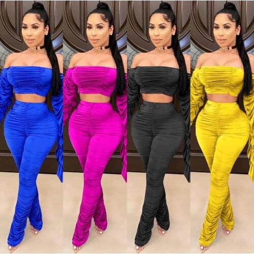 CM.YAYA Sexy Stacked Womens Set Off Shoulder Flare Sleeve Crop Tops Ruched Pants Suit Tracksuit Two Piece Set Outfit 8 colors
