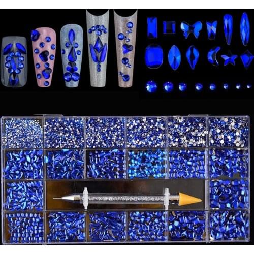 Nail Rhinestones Kit 8260pcs Multi Shapes Glass Rhinestones for Nail Art Mix Size Crystals Flatback Nail Gems With 1 Pick Up Pen