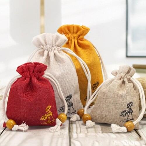 Cotton Linen Bag Durable Home Small Objects Simple Storage Bags Embroidery Quality Lotus Style Bracelet Jewelry Bag for Women