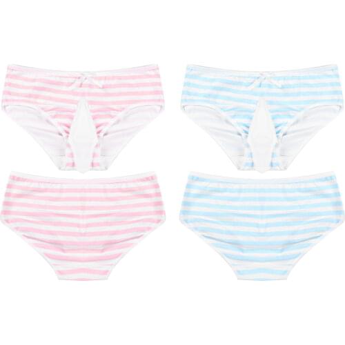 Cotton Men Striped Briefs Panties Seamless Soft Low Waist See-Through Bulge Pouch Bowknot Elastic Waistband Underpants Underwear